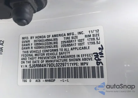 2013 Honda Cr-V Ex-L from USA, damaged, VIN 5J6RM4H79DL022971